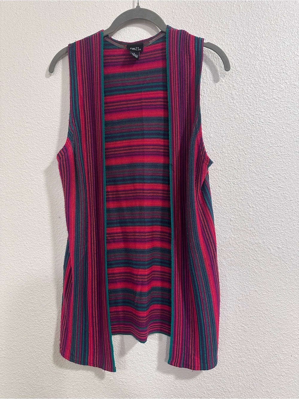 Rue21 Pink and Teal Striped Sleeveless Open Cardigan